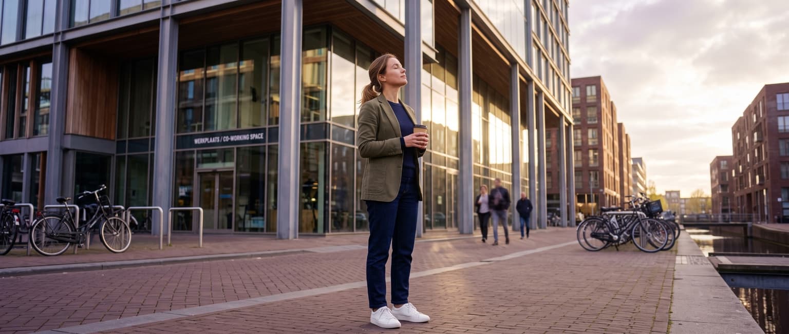 Woman holding a coffee, breathing calmly in front of an office building