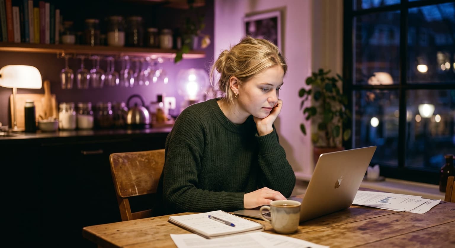 A woman practicing on her laptop at the kitchen table in the evening