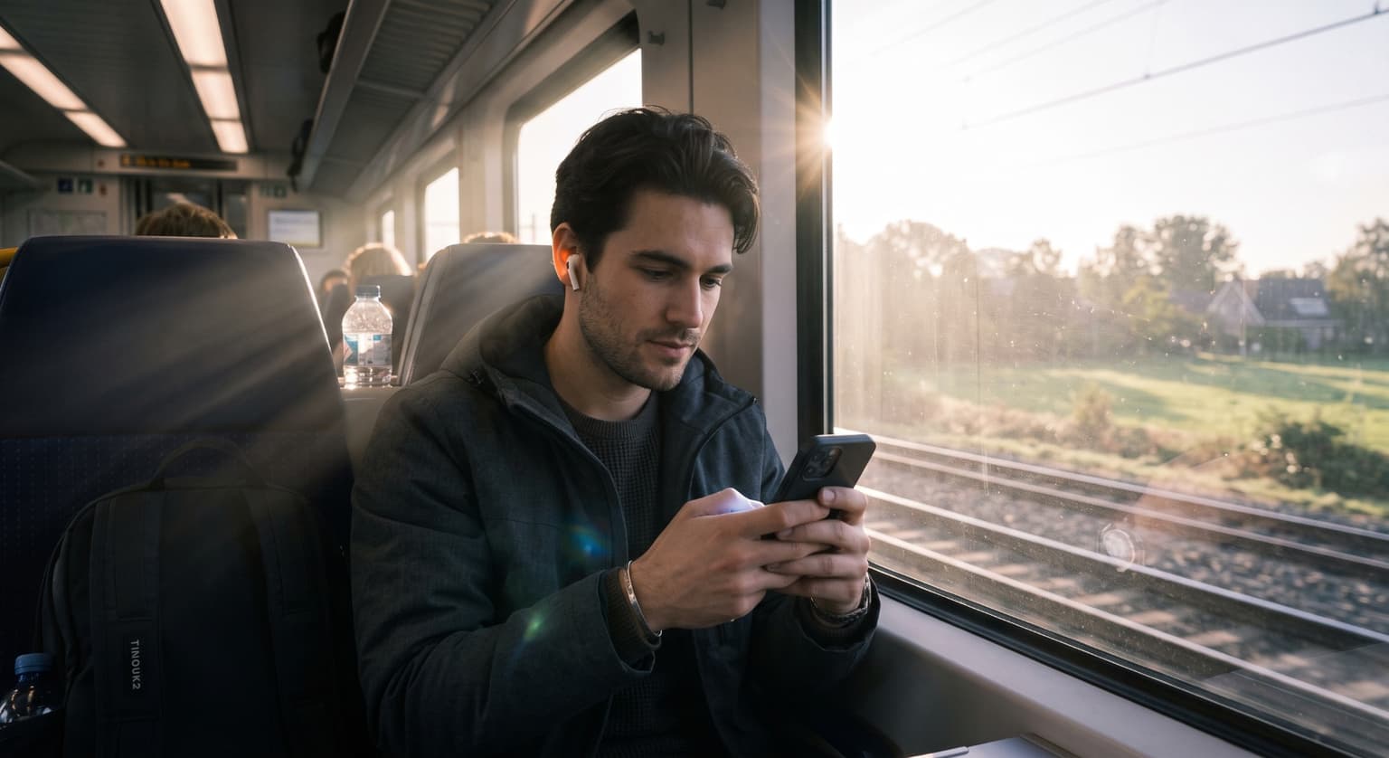 Man on a train practising on his phone