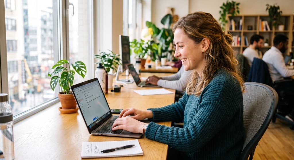 En smilende kvinde besvarer spørgsmål på sin bærbare computer på et lyst kontor